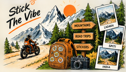 Illustration of a motorbike trip through the mountains, Stick The Vibe stickers